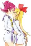  2girls aida_mana blonde_hair blush closed_eyes dokidoki!_precure flat_chest hair_ribbon hands_clasped heart high_ponytail incipient_kiss long_hair minatsuki_randoseru multiple_girls pink_hair precure regina_(dokidoki!_precure) ribbon school_uniform simple_background standing very_long_hair yuri 