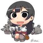  1girl :d abua agano_(kantai_collection) black_eyes black_hair chibi gloves kantai_collection long_hair looking_at_viewer machinery navel open_mouth pleated_skirt school_uniform serafuku simple_background skirt smile solo turret twitter_username white_background white_gloves 