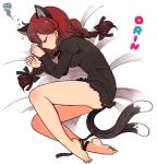  1girl adapted_costume alternate_costume animal_ears ass barefoot bow braid cat_ears cat_tail character_name closed_eyes dress hair_bow hair_ornament kaenbyou_rin long_hair long_sleeves lying mashuu_masaki multiple_tails on_bed on_side profile puffy_sleeves redhead sleeping solo tail touhou twin_braids 