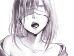  1girl blindfold bust collarbone face lma long_hair monochrome open_mouth original solo tongue tongue_out 
