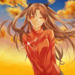  1girl ^_^ arms_behind_back blush brown_hair closed_eyes clouds fate/stay_night fate_(series) gem glint jewelry long_hair long_sleeves necklace pendant skirt sky smile solo sunset tears tohsaka_rin toosaka_rin two_side_up xxx_yc05 