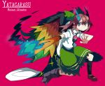  1girl arm_cannon bow brown_hair cape character_name fire hair_bow highres long_hair pink_background pointy_ears red_eyes reiuji_utsuho simple_background skirt solo the_omoti third_eye touhou weapon wings 