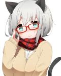  1girl animal_ears bespectacled blush cardigan cat_ears cat_tail glasses green_eyes kinakomoti looking_at_viewer red-framed_glasses sanya_v_litvyak scarf short_hair silver_hair simple_background smile solo strike_witches tail white_background 
