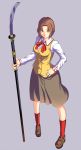  1girl brown_eyes brown_hair fate/stay_night fate_(series) highres mitsuzuri_ayako naginata polearm school_uniform short_hair simple_background weapon yui_sora 