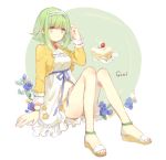  1girl arm_support cake earrings flower food green_hair gumi hairband jacket jewelry navel sandals short_hair smile solo vocaloid white_background 