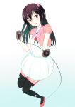  1girl black_hair gloves k-on! long_hair microphone mkt nakano_azusa red_eyes thigh-highs twintails two_side_up 