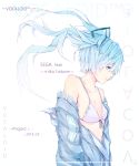  1girl 39 2014 bikini_top blue_eyes blue_hair character_name copyright_name dated floating_hair front-tie_top hatsune_miku marumoru off_shoulder solo twintails vocaloid 