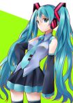  1girl aqua_eyes aqua_hair detached_sleeves hand_on_hip hatsune_miku headphones highres long_hair looking_at_viewer necktie richard skirt sleeves_past_wrists solo thigh-highs twintails very_long_hair vocaloid 