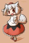  1girl :d animal_ears hat inubashiri_momiji inunoko. looking_at_viewer open_mouth pom_pom_(clothes) reaching red_eyes short_hair silver_hair smile solo tail tokin_hat touhou wolf_ears wolf_tail 