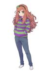  1girl 4chan bags_under_eyes bangs brown_hair clover denim four-leaf_clover freckles full_body green_eyes hairband highres jeans long_hair looking_at_viewer no_shoes pants payot redhead simple_background socks solo standing sweater swept_bangs vivian_james white_background yahlantykan 
