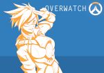  1girl bangs blue_background breasts buckle bust copyright_name from_side goggles grin highres jacket lena_oxton looking_at_viewer monochrome orange_(color) overwatch rebe11 salute short_hair simple_background sleeves_folded_up smile solo spandex spiky_hair tracer_(overwatch) 