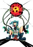  1girl bespectacled blue_eyes blue_hair boots clenched_teeth dress glasses gloves hair_bobbles hair_ornament highres kawashiro_nitori mechanical_arms meteor no_hat short_hair solo squatting the_omoti touhou twintails 
