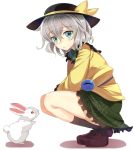  1girl ashu eyeball green_eyes green_skirt hat komeiji_koishi looking_at_viewer rabbit short_hair silver_hair simple_background skirt socks solo squatting third_eye touhou white_background 