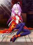  1girl absurdres ahoge bare_shoulders black_legwear breasts center_opening cleavage detached_sleeves elbow_gloves fingerless_gloves gloves guilty_crown hair_ornament hairclip highres long_hair looking_at_viewer navel pink_hair red_eyes sitting smile solo thigh-highs twintails yuzuriha_inori 