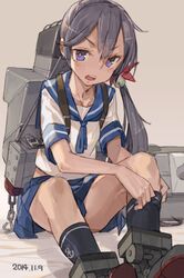  1girl adjusting_sock akebono_(kantai_collection) anchor_symbol dated kantai_collection long_hair looking_at_viewer machinery open_mouth purple_hair school_uniform serafuku short_sleeves side_ponytail sitting skirt socks solo toro_(konirio) violet_eyes 