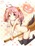  1girl ahoge alternate_costume arched_back artist_name bikini blush boots broom broom_riding flat_chest hair_bobbles hair_ornament halloween kantai_collection looking_at_viewer nano_(cherry_line) navel orange_bikini pink_eyes pink_hair sazanami_(kantai_collection) smile solo swimsuit thigh-highs thigh_boots thigh_strap twitter_username 