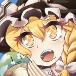  1girl blonde_hair bow braid fuente hair_bow hat kirisame_marisa long_hair lowres mushroom open_mouth ribbon smile solo star star-shaped_pupils symbol-shaped_pupils touhou witch_hat yellow_eyes 
