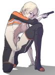  1girl bikesuit blonde_hair blue_eyes breasts cross durarara!! full-length_zipper gun handgun hikaru8090 no_bra one_knee solo unzipped vorona weapon zipper 