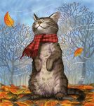 autumn autumn_leaves cat matataku no_humans original plaid plaid_scarf scarf solo standing 