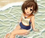  1girl beach brown_eyes brown_hair dated i-401_(kantai_collection) kantai_collection kyuu_pito ponytail sailor_collar school_uniform sitting sitting_on_water swimsuit swimsuit_under_clothes water 