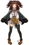  1girl ankle_boots black_legwear boots brown_eyes brown_hair dangan_ronpa drag-on_dragoon drag-on_dragoon_3 four_(drag-on_dragoon) fusion goggles goggles_on_head hair_ornament hairclip highres jacket_on_shoulders long_hair lucky_clover_(luckyxclover) mismatched_legwear nanami_chiaki pigeon-toed prosthesis single_thighhigh skirt solo super_dangan_ronpa_2 thigh-highs two_side_up 
