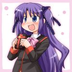  1girl :d blush gift hair_ribbon holding little_busters!! lowres nekotoufu open_mouth purple_hair ribbon sasasegawa_sasami school_uniform smile solo two_side_up valentine violet_eyes 