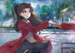  1girl alternate_legwear archer black_legwear black_ribbon blush brown_hair coat crying dark_skin fate/stay_night fate_(series) hair_ribbon long_hair open_mouth ribbon road skirt street tears thigh-highs tohsaka_rin toosaka_rin twintails zzzzxxx2010nian 