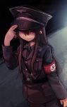  1girl armband black_hair fang grin hand_on_headwear hat highres jacket long_hair long_sleeves military military_uniform nazi necktie noconol original peaked_cap smile solo strap swastika uniform violet_eyes 