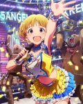  1girl artist_request blonde_hair brown_eyes company_connection earrings fukuda_noriko idolmaster idolmaster_million_live! jewelry kuma_(tekken) microphone midriff mokujin_(tekken) namco official_art short_hair smile tekken 