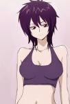  1girl breasts cleavage female liebert_(majin_bone) majin_bone manji_(tenketsu) purple_hair red_eyes short_hair smile solo sports_bra 