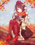  1girl bag black_hair contemporary geta hat in_tree leaf looking_at_viewer notebook pantyhose pen red_legwear redhead scarf shameimaru_aya shirofox shoulder_bag sitting sitting_in_tree skirt smile solo tengu-geta tokin_hat touhou tree 