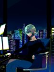  1boy blue_hair casual chair chappa_(kaetodo) cityscape glasses inumuta_houka kill_la_kill male sitting solo 