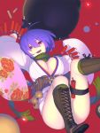  1girl ahoge belt bomb boots breasts cleavage dynamite highres japanese_clothes kimono knee_boots large_breasts nagisa_kurousagi open_mouth original purple_hair red_eyes scarf short_hair smile solo thigh_strap tongue utility_belt wide_sleeves 