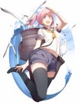  1girl :d aoba_(kantai_collection) bird black_legwear blue_eyes from_below kantai_collection looking_at_viewer machinery navel open_mouth panda_(pandadesu) pink_hair ponytail salute school_uniform seagull serafuku smile solo thigh-highs wind zettai_ryouiki 