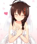 1girl absurdres ahoge bare_shoulders blush braid brown_hair bust closed_eyes cuon_(kuon) dress female gradient gradient_background hair_flaps hair_ornament hands_on_own_chest heart highres jewelry kantai_collection long_hair petals pink_background ring shigure_(kantai_collection) single_braid solo veil wedding_band wedding_dress 