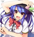  1girl blue_hair bow breasts bust fang food fruit hat hinanawi_tenshi large_breasts long_hair looking_at_viewer miton15 open_mouth peach pose puffy_short_sleeves puffy_sleeves red_eyes shirt short_sleeves skirt smile solo touhou very_long_hair 