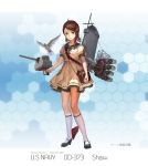  1girl bird brown_hair character_name dove green_eyes hair_ornament hairclip highres holding jeanex kantai_collection looking_at_viewer machinery original personification school_uniform serafuku short_hair smile translation_request turret uss_shaw_(dd-373) 
