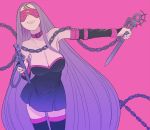  1girl bare_shoulders blindfold breasts buckle chain cleavage collar dagger dress facial_mark fate/stay_night fate_(series) forehead_mark grin hirotaka_(bitmap1022) large_breasts lips long_hair purple_background purple_hair rider simple_background smile solo thigh-highs very_long_hair weapon 