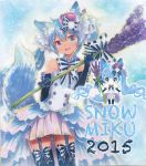  2015 animal_ears blue_eyes blue_hair bowtie character_name chibi collar elbow_gloves fang fox_ears fox_tail garter_straps gloves hatsune_miku highres kemonomimi_mode mayo_riyo open_mouth skirt snowflakes tail thigh-highs traditional_media twintails vocaloid whiskers yuki_miku 