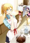  2girls :q ^_^ animalization apron ayase_eli bird blonde_hair blue_eyes casual character_doll closed_eyes cooking long_hair looking_at_viewer love_live!_school_idol_project low_ponytail minami_kotori multiple_girls panda_(pandadesu) ponytail purple_hair refrigerator smile squatting tongue tongue_out toujou_nozomi 