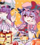  2girls ascot bat_wings blue_hair bow closed_eyes cream crescent cup fang food fruit fuente hair_bow hat ice_cream jelly long_hair multiple_girls open_mouth pancake patchouli_knowledge pudding purple_hair red_eyes remilia_scarlet ribbon short_hair smile strawberry teacup touhou wings 