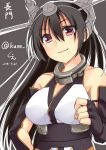  1girl bare_shoulders black_gloves black_hair bust character_name dated elbow_gloves fingerless_gloves gloves grey_background headgear highres kantai_collection kue long_hair looking_at_viewer nagato_(kantai_collection) pink_eyes signature solo twitter_username 