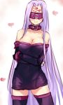  1girl bare_shoulders blindfold blush breasts buckle cleavage collar collarbone crossed_arms dress facial_mark fate/stay_night fate_(series) forehead_mark heart large_breasts long_hair negresco purple_hair rider smile solo strapless_dress thigh-highs very_long_hair 