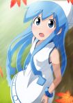  1girl :o autumn_leaves bangle bare_shoulders blue_eyes blue_hair blush bracelet collarbone dress gandoru hat highres ikamusume jewelry leaf looking_at_viewer maple_leaf open_mouth shinryaku!_ikamusume sleeveless sleeveless_dress small_breasts solo squid_hat sundress tentacle_hair 