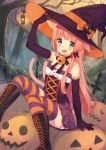  1girl :d animal_ears bare_shoulders bell black_gloves blue_eyes boots cat_ears cat_tail choker colored_stripes cross-laced_footwear elbow_gloves fang gloves halloween hand_on_headwear hat jack-o&#039;-lantern jingle_bell lantern long_hair looking_at_viewer midorikawa_you multiple_tails open_mouth original pink_hair revision smile solo striped striped_legwear tail thigh-highs tree witch_hat 