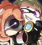  2girls character_request glowing glowing_eyes goggles green_hair grin gun hair_over_one_eye inkling mask multiple_girls smile splatoon teeth tentacle_hair tokkyuu_mikan violet_eyes weapon 