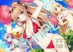  1girl 3girls amagi_brilliant_park bikini blonde_hair blue_eyes brown_eyes brown_hair drill_hair green_eyes kaho_okashii latifa_fleuranza long_hair multiple_girls muse_(amaburi) placard pom_poms ponytail purple_hair sento_isuzu short_hair sign swimsuit 