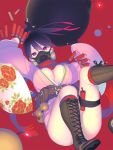  1girl belt black_hair bomb boots breasts cleavage dynamite gas_mask highres japanese_clothes kimono knee_boots large_breasts long_hair mask multicolored_hair nagisa_kurousagi original pink_hair ponytail red_eyes scarf solo thigh_strap two-tone_hair utility_belt wide_sleeves 