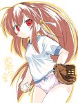  1girl absurdres baseball baseball_mitt brown_hair highres little_busters!! long_hair natsume_rin no_pants panties ponytail red_eyes saezuru_usagi underwear 