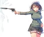  1girl brown_eyes brown_hair daito gun hand_on_hip handgun maid_headdress nagant_m1895 original revolver ribbed_sweater short_hair skirt solo suppressor sweater twintails weapon white_background 